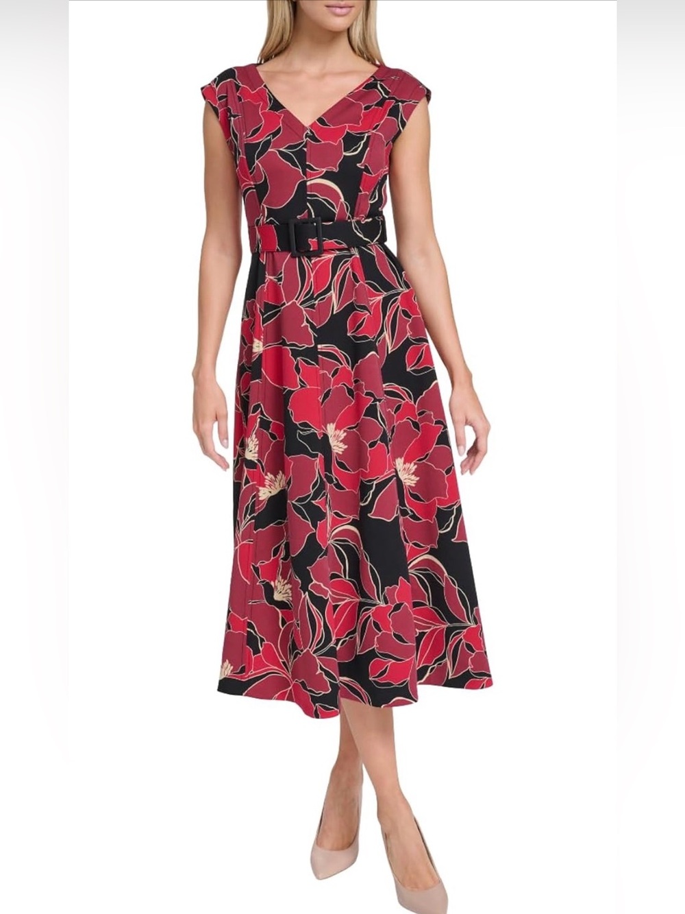 Calvin Klein Floral Midi Dress | Belted V-Neck Scuba Dress | Size M 8/10